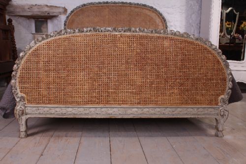 fig 1. Beautiful original Eau de nil painted carved roses Bergere caned king size
