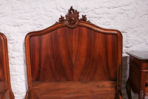 fig 1. Handsome pair of large single solid walnut Louis XV beds