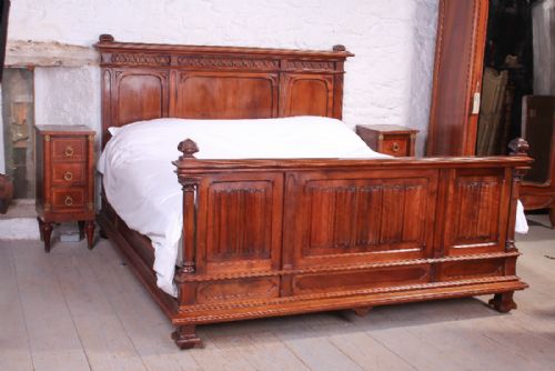Very Rare Super King Size 6' French Antique Carved Walnut Bed