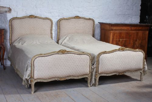 Pretty Pair of French Painted and Upholstered Single Beds