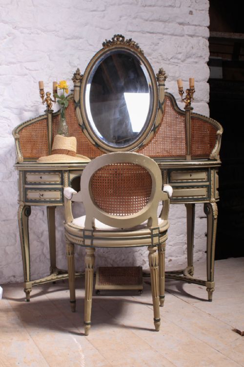 Beautiful French Caned Carved Original Paintwork Dressing Table and Chair