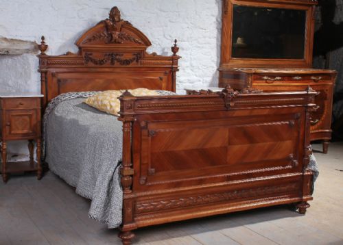 Handsome French Empire Style Walnut Quarter Veneer 5ft  King Size Bed