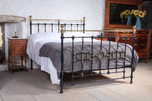 Classic Victorian Blue and Brass King Size Bed with Ring and Spindle Detail