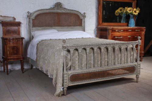 Beautiful French Painted Carved Caned King Size Bed
