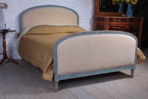 Pretty French Blue Grey Carved Edge King Size Upholstered Bed
