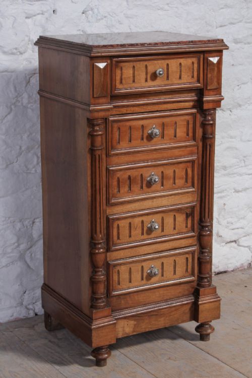 Interesting Tall Walnut Henri II Style Bedside Cabinet