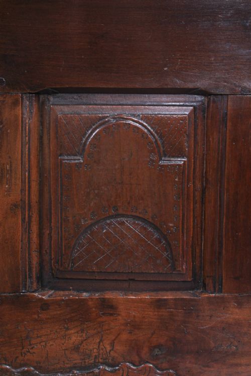 fig 2. Lovely solid carved dark cherry Provencale king size bed with shaped panels and foliate carving.
