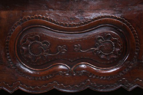 fig 3. Lovely solid carved dark cherry Provencale king size bed with shaped panels and foliate carving.