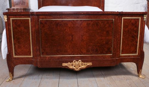 fig 1. Exceptional quality French Mercier Feres burr walnut with gilded bronze ormalu mounts king size bed.Box wood and fruit wood inlaid cross banding