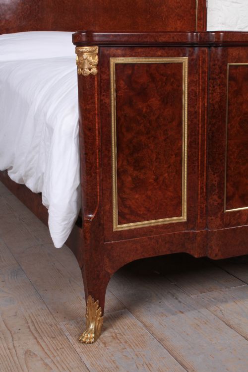 fig 2. Exceptional quality French Mercier Feres burr walnut with gilded bronze ormalu mounts king size bed.Box wood and fruit wood inlaid cross banding