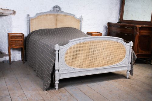 Pretty French Carved Painted Caned Louis Xvi Style Bergere King Size Bed