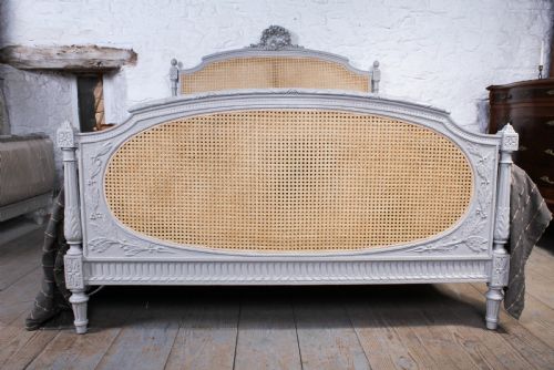 fig 1. Pretty French carved painted caned Louis XVI style Bergere king size bed