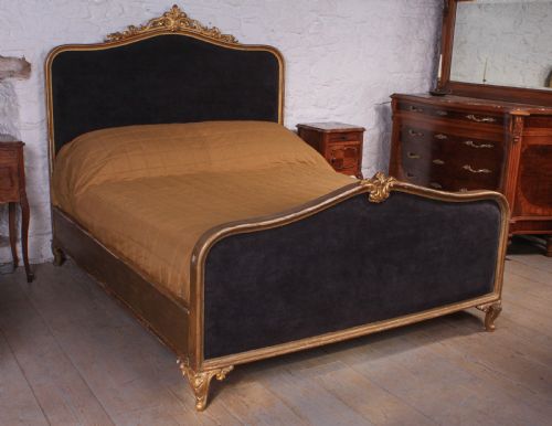 Shabby Chic Gilded and Upholstered Louis Xv Style Boudoir King Size Plus Bed