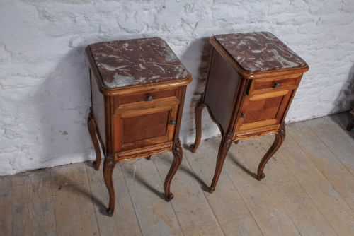 fig 1. Pair of walnut Louis XV style bedsides with rose marble tops