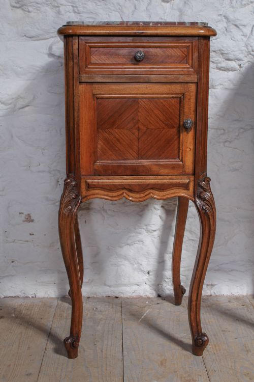 fig 2. Pair of walnut Louis XV style bedsides with rose marble tops