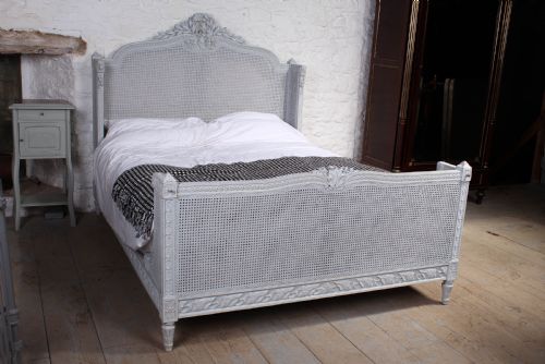 Gorgeous Painted Carved and Caned French King Size Bergere Bed