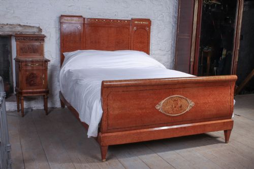 Burr Elm 1920s King Size Bed with Very Pretty Mother of Pearl Inlay Decoration in Head Board .