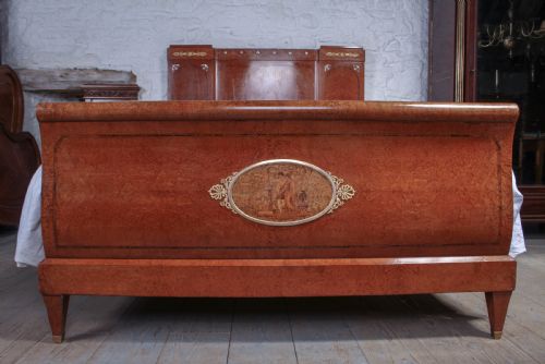 fig 1. Burr elm 1920s king size bed with very pretty Mother of pearl inlay decoration in head board .