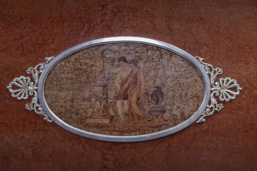 fig 2. Burr elm 1920s king size bed with very pretty Mother of pearl inlay decoration in head board .