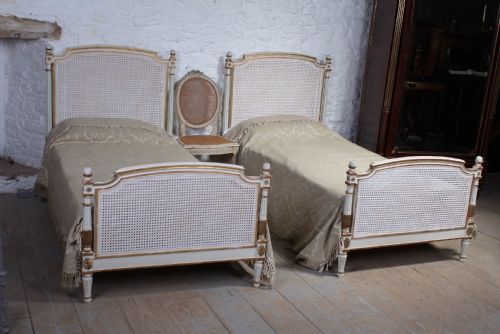 Very Pretty Pair of French Painted Caned Bergere Beds