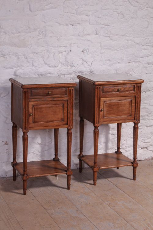 Attractive Pair of French Oak Bedside Tables with White/grey Marble Tops