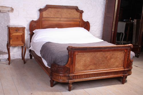 Handsome Rare Carved Walnut and Bergere Caned 5ft French King Size Bed