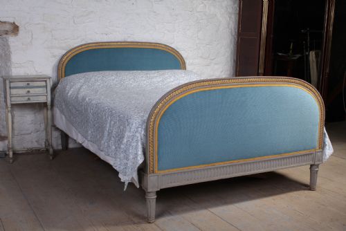 Attractive French Upholstered King Size Bed with Original Gilded Paint