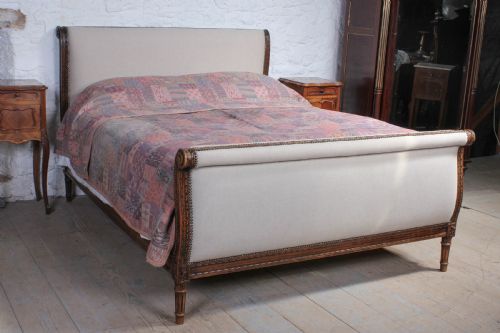 Elegant French Oak Upholstered King Size Sleigh Bed