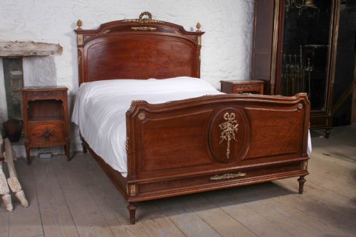Kingsize French Solid Walnut with Gilded Bronze Decoration Bed