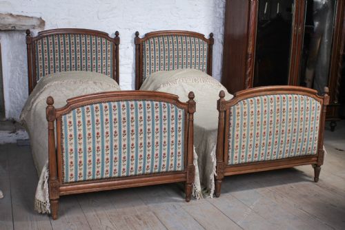 Pair of French Carved Oak Upholstered Single Beds