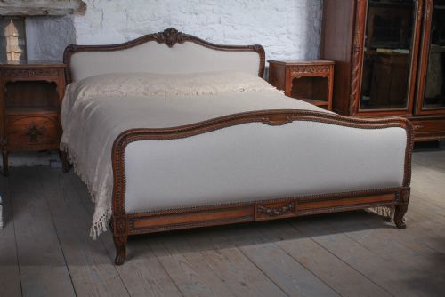 Carved Oak Frame Newly Upholstered European King Size Bed