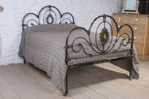 All Original Iron Three Hoop Double Bed with Floral Detail
