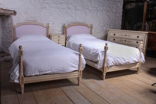 Pretty in Pink Pair of French Newly Upholstered Single Beds