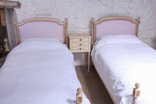 fig 1. Pretty in pink pair of French newly upholstered single beds