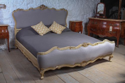 Fabulous Italian Carved Painted Newly Upholstered Large King Size Bed.