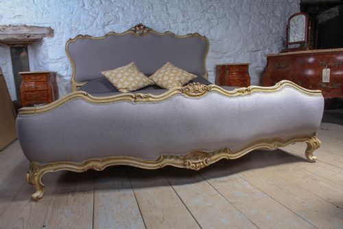 fig 1. Fabulous Italian Carved painted newly upholstered large king size bed.