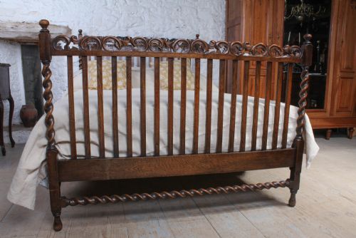 fig 1. Unusual Edwardian oak double bed with barley twist posts