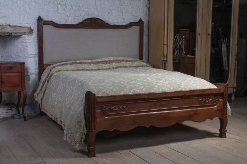 Handsome French Oak European King Size Low End Upholstered Bed