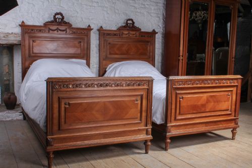 Handsome Pair of Large Single French Walnut Beds