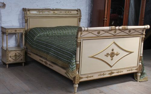 Spectacular Original Paint and Gilded Directoire Style Lit Bateau with Matching Bedside