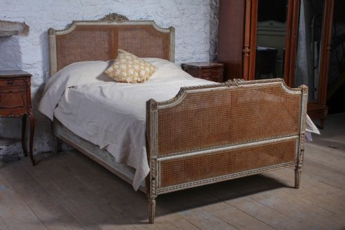 Pretty French Caned Double Bed with Original Aged Paint