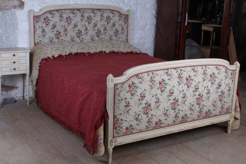 Pretty French King Size Upholstered Bed with Original Fabric