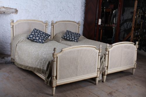 Pretty Pair of French Painted Caned Single Beds
