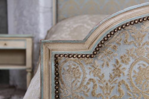 fig 1. Original French Empire style upholstered king sized bed and matching bedsides