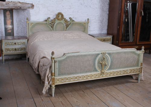 Impressive King Size Caned  Louis Xvi Style King Size Bed and Matching Bedsides