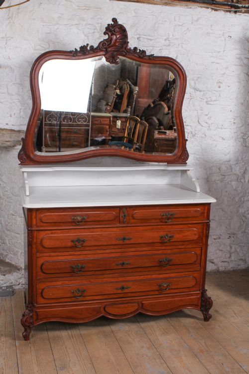 Louis Xv Style 5 Drawer Chest of Drawers with Mirror and Marble Top.