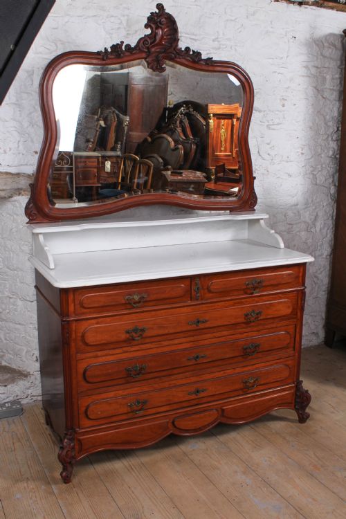 fig 1. Louis XV style 5 Drawer Chest of Drawers with mirror and marble top.