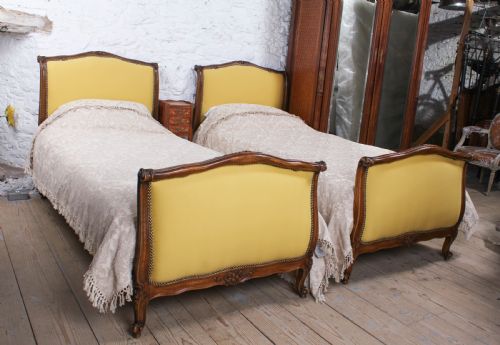 Yellow Gold Newly Upholstered Pair  French Single Beds