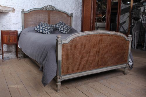Original Aged Blue Grey Caned/bergere  French King Size Bed