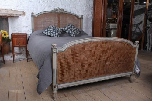fig 1. Original aged blue grey caned/bergere French king size bed